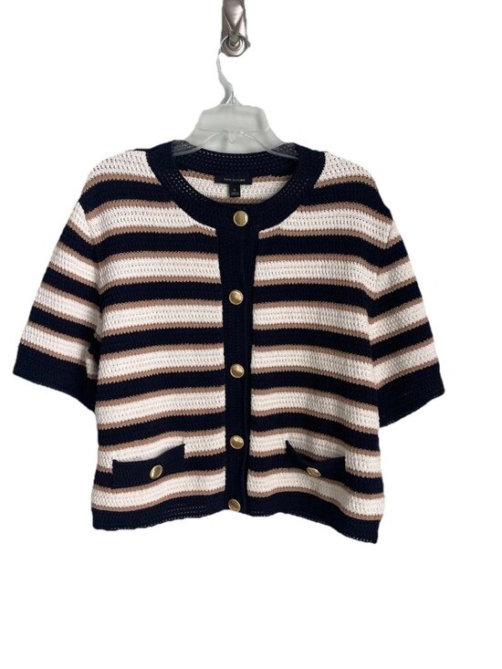 Ann Taylor Sweaters - Ann Taylor Navy Cream Striped 100% Cotton Short Sleeve Cardigan Sweater